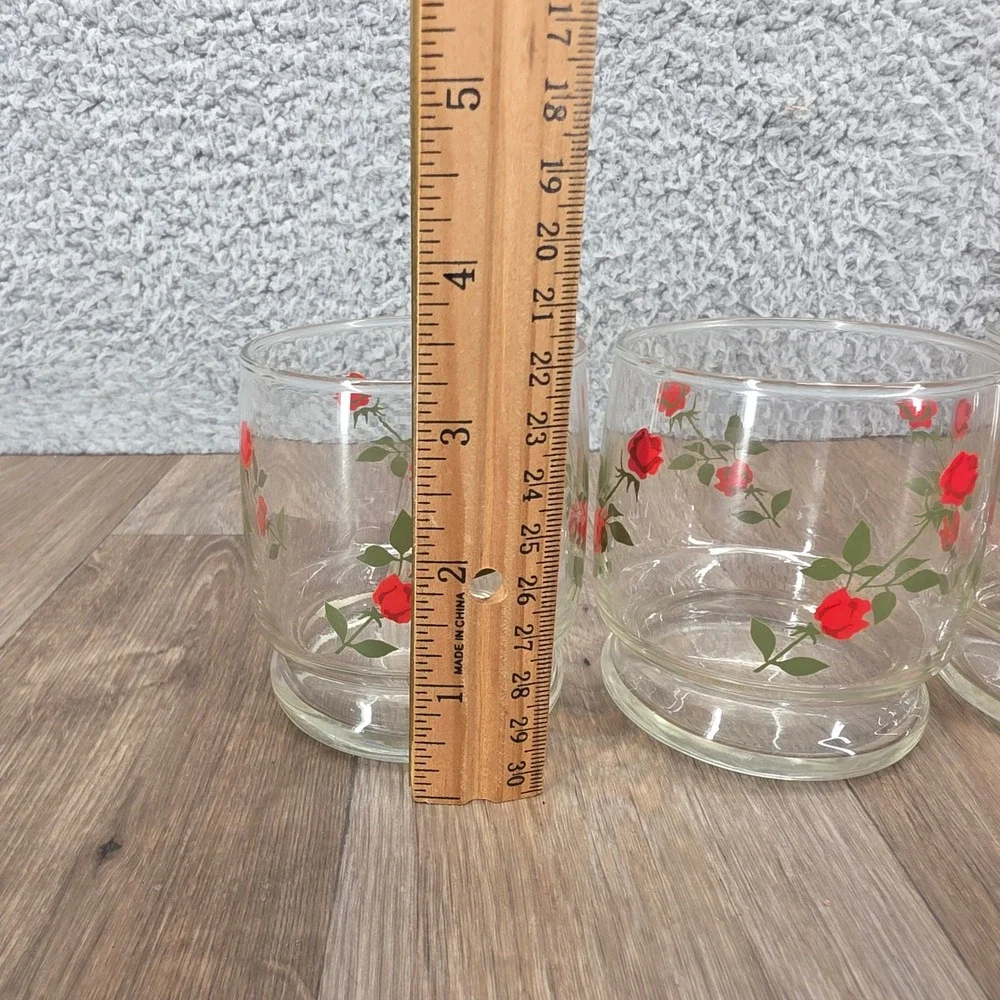 Vintage Red Rose Print Juice Glasses Set of 5 Clear Floral Tumblers 3.25in